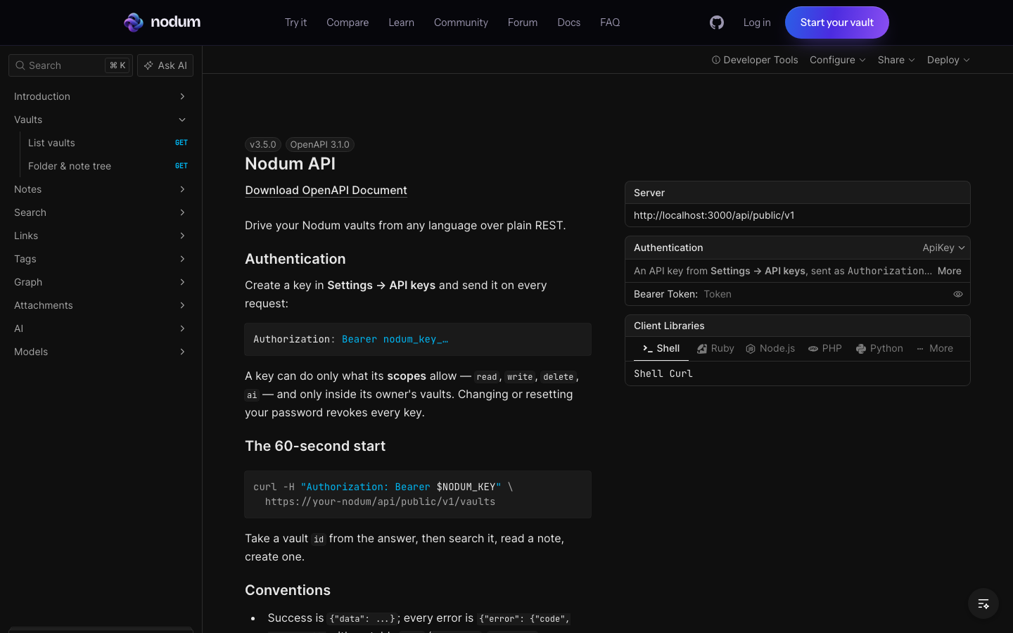 The interactive API reference: endpoints on the left, schemas and a try-it client on the right.