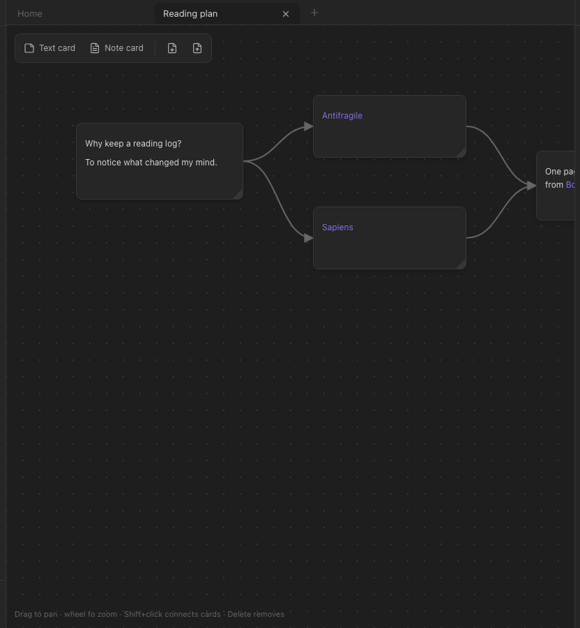 A canvas with a few connected cards.