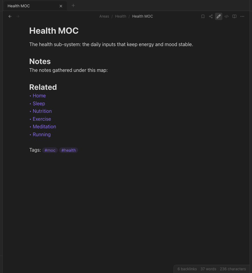 A note in live preview: headings, a list, wikilinks and a tag, rendered in place.