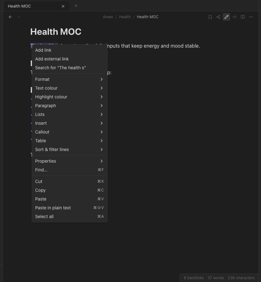The right-click menu on a selection.