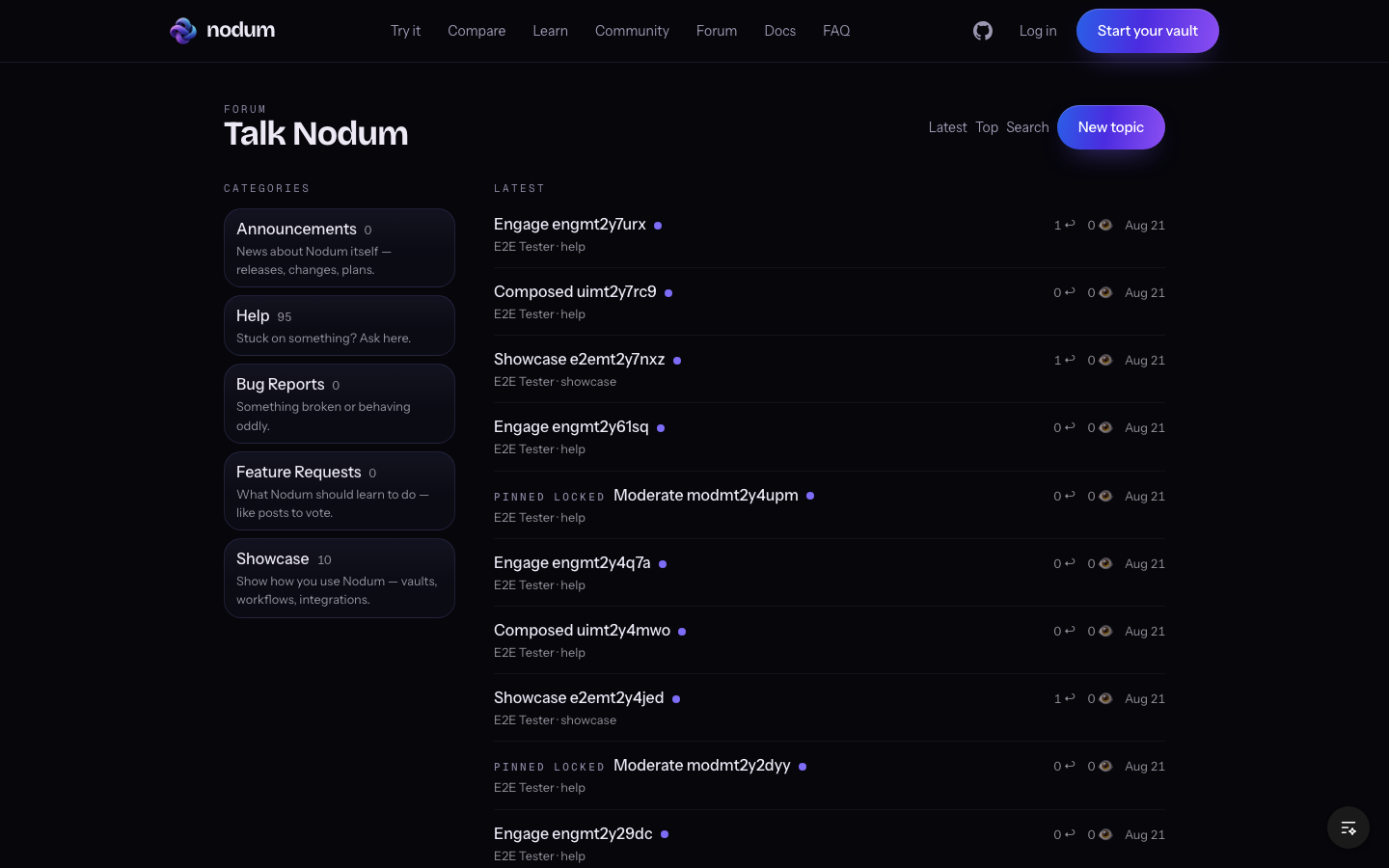 The forum: categories on the left, the latest conversations on the right.