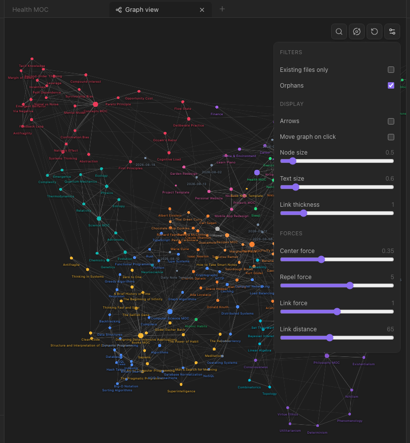 Graph settings: filters, display, forces, groups and time travel.