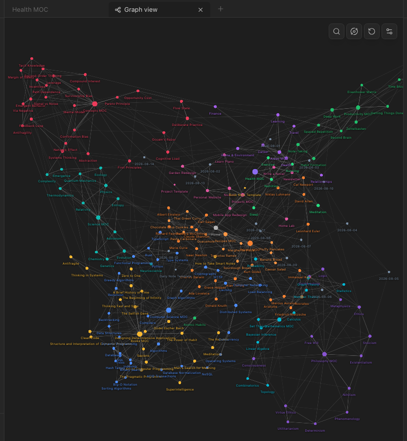 The graph of a vault, coloured by tag groups.