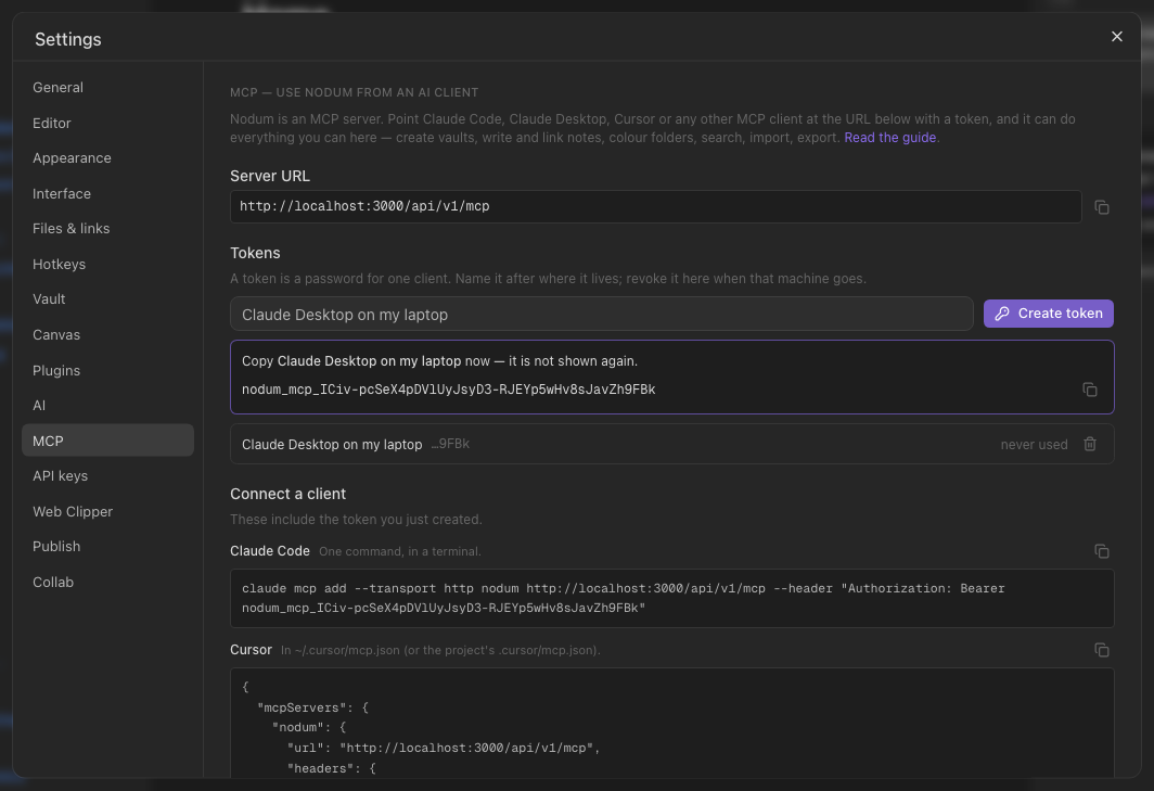Settings → MCP: the server URL, a token, and the client configs.