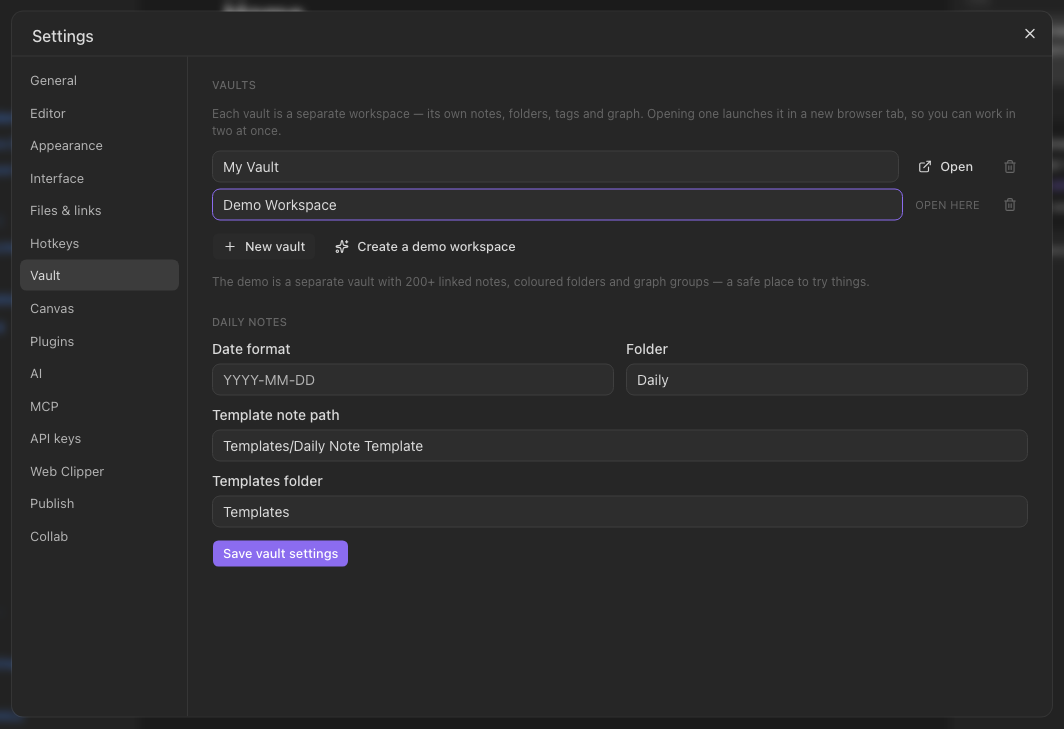 Settings → Vault: your vaults, and the demo workspace button.