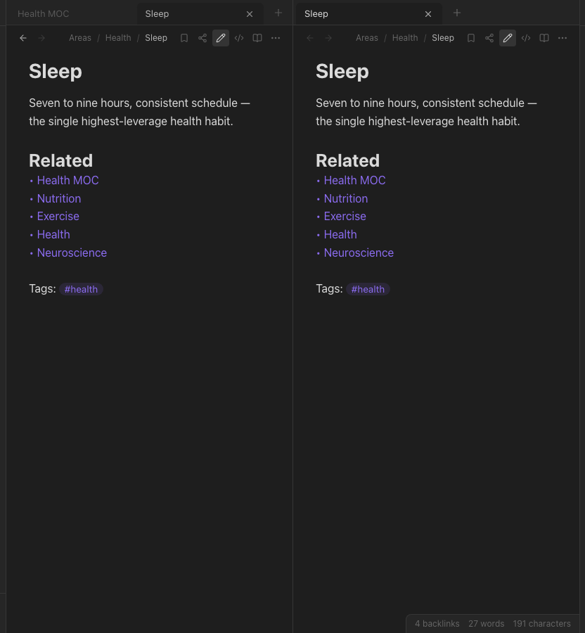 Two panes side by side, each with its own tabs.