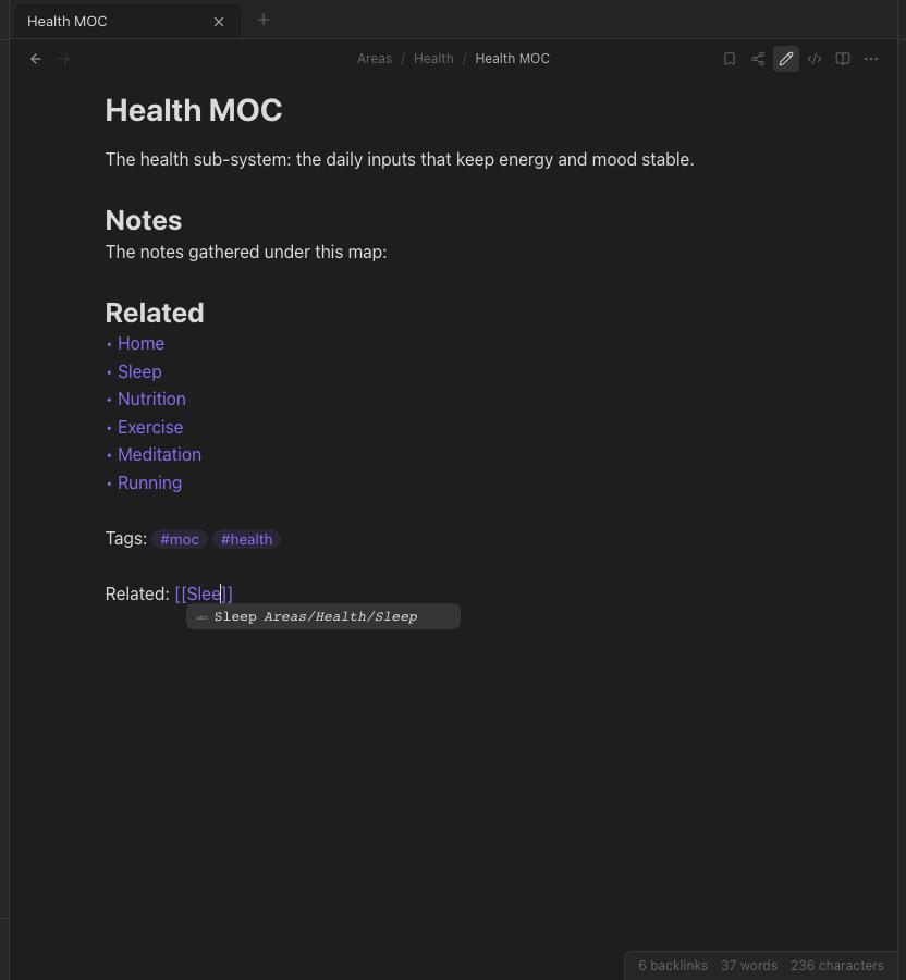 The completion list that appears as you type a link.